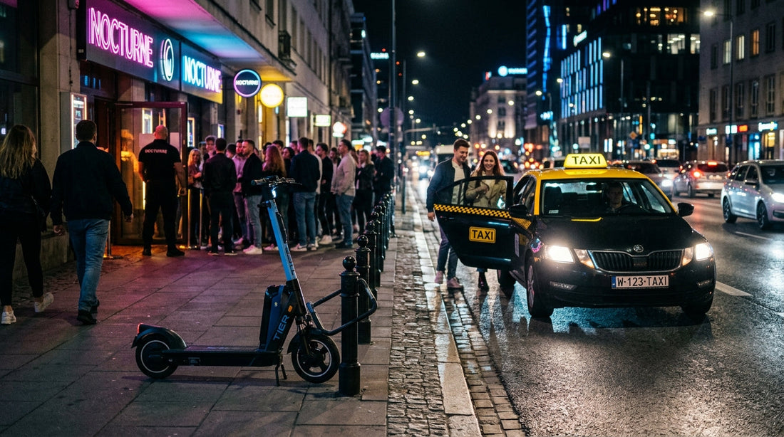 Hulajnoga elektryczna zaparkowana obok taksówki w nocnym mieście – bezpieczny powrót do domu