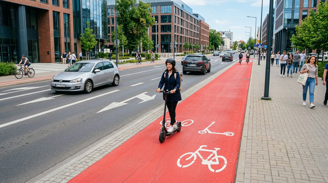 Osoba jadąca hulajnogą elektryczną czerwoną drogą rowerową w mieście