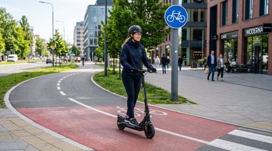 Osoba w kasku jeżdżąca hulajnogą elektryczną po drodze rowerowej - przepisy prawa 2026 Easy Scooter