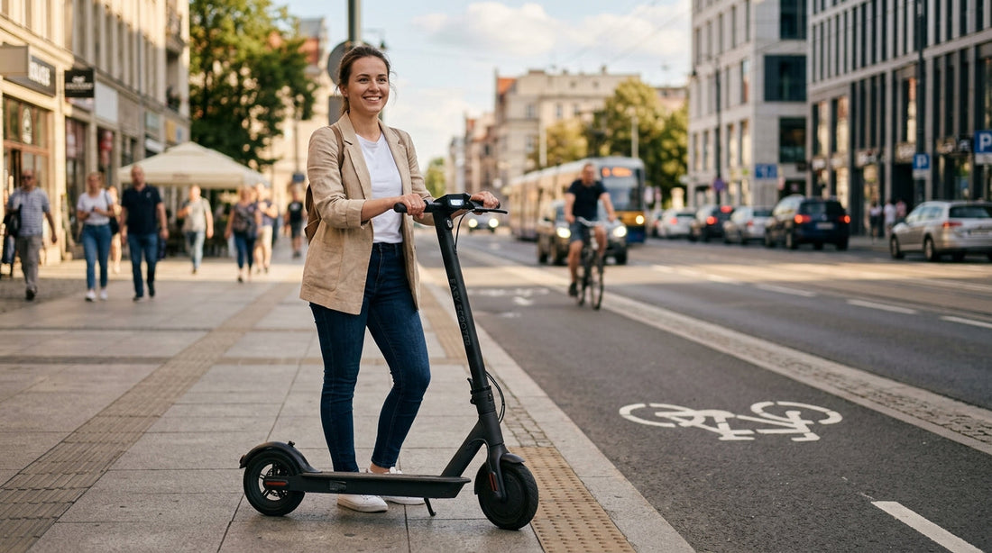 Osoba stojąca obok czarnej hulajnogi elektrycznej na miejskiej ulicy - poradnik dla początkujących Easy Scooter