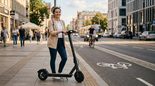 Osoba stojąca obok czarnej hulajnogi elektrycznej na miejskiej ulicy - poradnik dla początkujących Easy Scooter