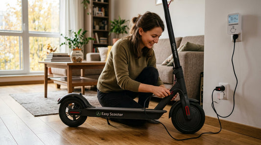 Osoba ładuje hulajnogę elektryczną w domu - roczne koszty utrzymania Easy Scooter