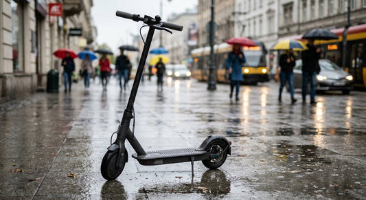 Elektryczna hulajnoga zaparkowana na mokrym miejskim chodniku podczas deszczu